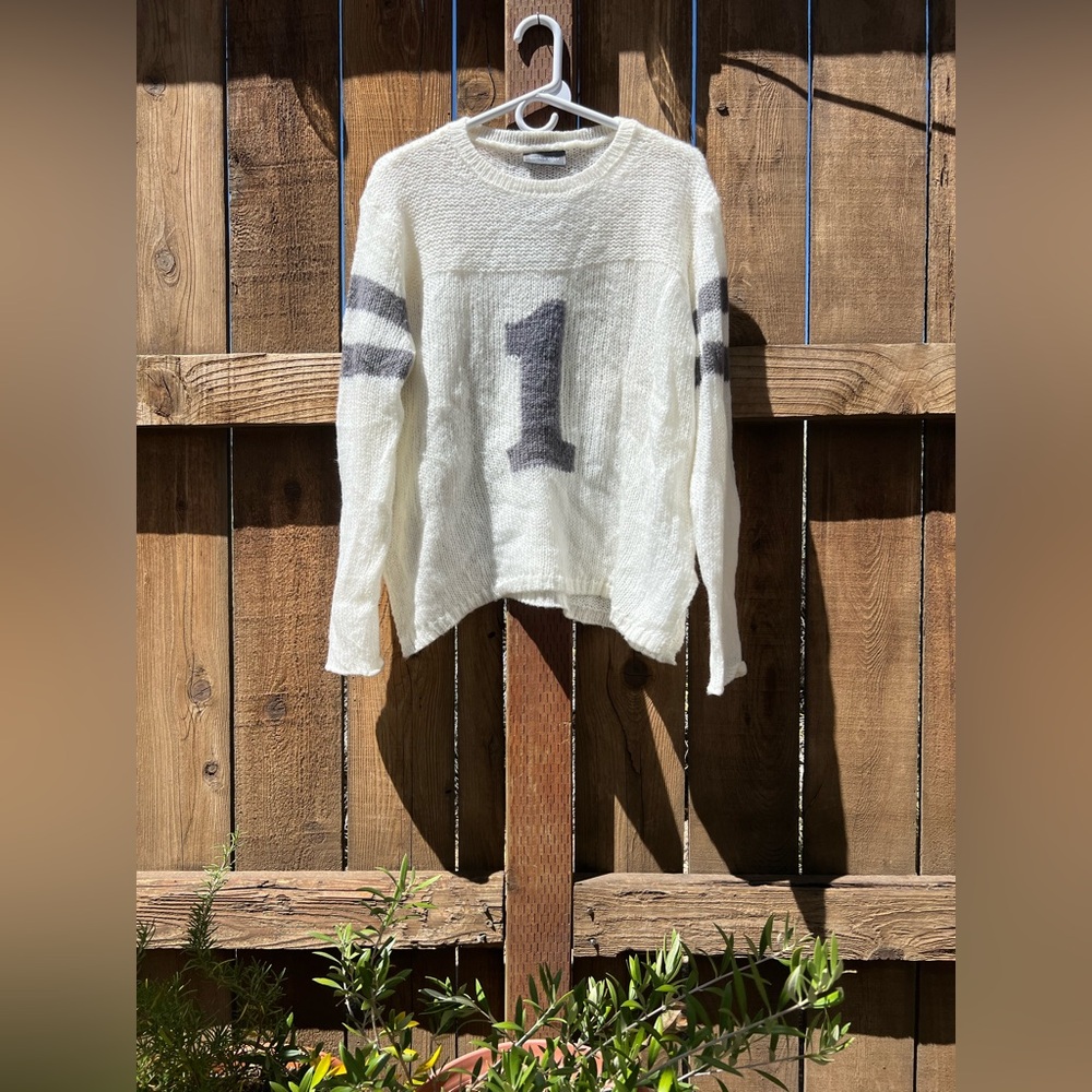 White and Gray Knit Oversized Sporty Women's Sweater
